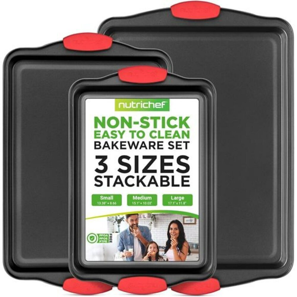 NutriChef 3-Piece Nonstick Oven Baking Pans with Red Silicone Handles Easy Clean